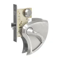 ANSI F07 function storeroom lever lockset in satin stainless steel finish. Ligature-resistant construction and ADA compliant for institutional safety and accessibility. No visual indicator. Suitable for applications requiring secure egress without key operation from the outside