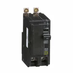 Bolt-on miniature circuit breaker from the QOB Series, rated 60 A, 2-pole, single-phase, 120/240V AC. Maximum interrupting rating 22kA at 120/240V AC. For use in Square D NQOD panelboards for overcurrent protection of branch circuits.