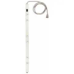 Industrial power strip with six grounded outlets, a 6 ft cord, and a 5-15P plug for connection to standard 15 A circuits. White finish with screw mounting for secure attachment to walls, workbenches, or equipment racks. Suitable for temporary power distribution in workshops and factories.
