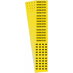 Yellow adhesive pipe markers with black legend text reading 'Heating Return' and flow-direction arrows. Each pack contains 5 markers (3 markers per pack) for pipes with an outside diameter of 3/4 inch and smaller. Used to identify heating return piping systems in commercial and industrial facilities.