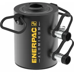 The ENERPAC RARH602 is a 60-ton nominal capacity hollow hydraulic ram with a 2-inch nominal stroke and a 2.13-inch center hole. Its hollow plunger design allows rods or cables to pass through, making it suitable for tensioning, pulling, and lifting operations in confined spaces.
