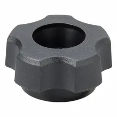 Plastic snap-lock knob with five arms for manual adjustment and locking. Features a 1.72 in diameter, 3/8" thread, and 12 mm thread length. Used in industrial machinery, fixtures, and equipment for hand tightening and clamping.