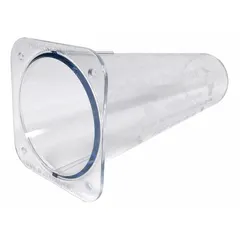 This plastic bat removal cone features a square base shape and measures 2 1/2 inches in height and width. It is designed to be installed over entry points to allow bats to exit while preventing re-entry. Commonly used in wildlife exclusion projects for attics, walls, and other building openings.