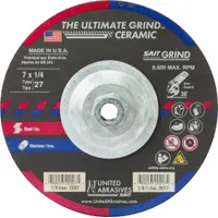 Ceramic grinding wheel for carbon and stainless steel. Type 27 shape, 7-inch diameter, 1/4-inch thickness, 5/8-11 threaded arbor. 24 grit. Used for weld grinding, edge chamfering, and surface blending in metalworking