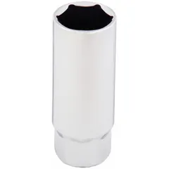 This metric spark plug socket features a 21 mm, 6-point, deep design and is constructed from chrome. It is used for removing and installing spark plugs in internal combustion engines, providing secure grip and access to recessed plugs.