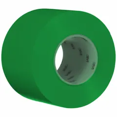 Solid green vinyl floor marking tape with 33 mil thickness, supplied in a 3-pack of 4 in x 108 ft rolls. Liner-less design for quick application. Used for marking aisles, hazard zones, and work cells in industrial facilities such as warehouses, factories, and workshops.