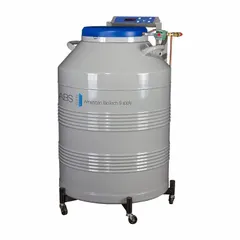 Cryogenic storage system with 165 L capacity, constructed of stainless steel. Includes a 6 ft stainless steel armor-plated transfer hose. Overall height 39 in, overall diameter 26 7/8 in. Used for storing biological samples, vaccines, and other temperature-sensitive materials at cryogenic temperatures in laboratory, medical, and industrial settings.