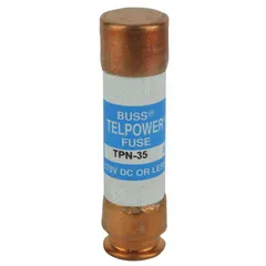 Fast-acting cylindrical fuse rated 35 A at 170 V DC. Part of the TPN series. Provides overcurrent protection in DC power circuits such as rectifiers, battery distribution, and telecom switching equipment.