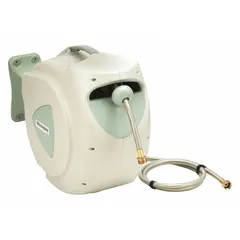 Enclosed garden hose reel with spring-return mechanism for automatic retraction. Includes 100 ft of 1/2 in I.D. hose. Features 3/4 in FNPT connection and maximum operating pressure of 150 psi. Green finish.