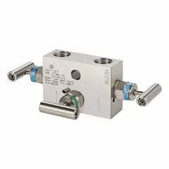 Stainless steel 3-valve manifold with 1/2" FNPT inlet and outlet connections. Rated for 8,700 psi pressure with FKM seals. Used in industrial instrumentation for isolating, calibrating, or venting pressure instruments in high-pressure fluid systems.