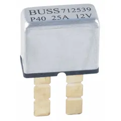 Type I ATC circuit breaker with blade terminal for plug-in mounting. Rated 12V DC with 1 kA interrupt capacity. Protects automotive electrical circuits from overloads and short circuits in vehicles, marine, and off-road equipment.