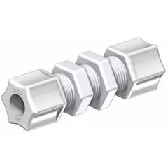 This acetal copolymer bulkhead compression union connects two 3/4 in OD tubes through a panel or tank wall. Rated at 220 psi, it provides a leak-resistant seal in fluid systems. The white fitting is FDA certified for food-contact applications.