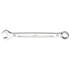 This MILWAUKEE combination wrench features a 22 mm 12-point box end and open end for turning metric fasteners. Made from chrome vanadium steel with a chrome finish, it measures 11 1/2 inches overall. Suitable for automotive, industrial, and mechanical maintenance tasks.