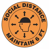 Non-reflective hard hat label with a 2 1/4 in diameter, printed in English with standard grade material. Supplied as a 10-pack for application on hard hats in industrial environments to remind workers to maintain 6 ft social distance