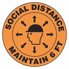 Non-reflective hard hat label with a 2 1/4 in diameter, printed in English with standard grade material. Supplied as a 10-pack for application on hard hats in industrial environments to remind workers to maintain 6 ft social distance.