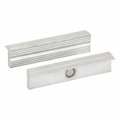 Aluminum magnetic vise jaw caps for 5 in vise jaw width. Designed for any vise type, they attach magnetically to protect workpiece surfaces from marring during clamping.