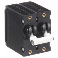 This miniature circuit breaker features a toggle actuator and threaded insert mounting for front panel installation. Rated 10 A at 277V AC and 80V DC, it has 1/4 in tab terminals and a depth of 2.12 in. Suitable for overcurrent protection in control panels, HVAC equipment, and power distribution systems