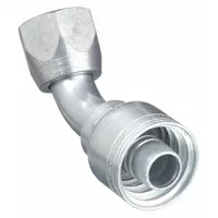 Steel 45° elbow hydraulic hose fitting with JIC female x crimp genderless connection. Designed for -6 hose dash size and 9/16"-18 thread. Used in fluid power systems for permanent crimp attachment to hydraulic hose