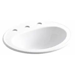 This KOHLER countertop bathroom sink is made of vitreous china in a white finish. It measures 20 1/4 inches in overall length and 17 1/2 inches in overall width, with a widespread design. Suitable for mounting on a vanity or countertop in residential or commercial washroom settings.