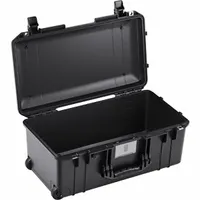This lightweight suitcase-style protective case has interior dimensions of 10 3/4 in x 21 5/8 in x 9 in and weighs 9 lb. It features a press-button closure and is black in color. The case is supplied without foam, allowing custom padding for sensitive equipment such as cameras, electronics, or tools during transport or storage