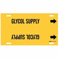 Yellow pipe marker with black legend reading 'Glycol Supply'. Fits pipe outer diameters of 10 to 15 inches. Includes directional arrows. Strap-on type for secure attachment to pipes in industrial piping systems