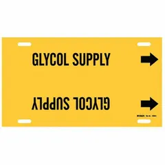 Yellow pipe marker with black legend reading 'Glycol Supply'. Fits pipe outer diameters of 10 to 15 inches. Includes directional arrows. Strap-on type for secure attachment to pipes in industrial piping systems.