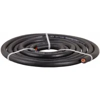This black-jacketed jumper cable is 120 inches long with a 1/0 gauge wire and a 150 A maximum current rating. It is designed for cut-to-length custom installations in heavy-duty battery connections for vehicles and industrial equipment