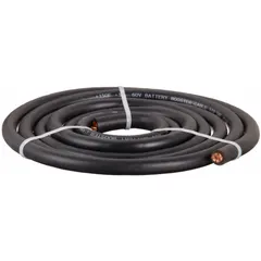 This black-jacketed jumper cable is 120 inches long with a 1/0 gauge wire and a 150 A maximum current rating. It is designed for cut-to-length custom installations in heavy-duty battery connections for vehicles and industrial equipment.