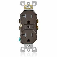 Duplex general-purpose receptacle rated 125V AC and 20A. NEMA 5-20 configuration with 2-pole/3-wire grounding. Brown finish. Suitable for powering equipment in commercial and industrial environments such as offices, workshops, and light manufacturing.