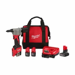 Cordless riveting tool system with 2,000 lbf pulling force and 1-1/2 in stroke length. Includes three M12 batteries and charger. For installing blind rivets in metal fabrication, automotive repair, and construction applications.