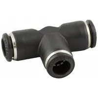 This push-fit tee fitting is made of fiberglass-reinforced nylon, offering corrosion resistance and strength. It connects three tubes with outer diameters of 6 mm, 4 mm, and 6 mm. Typical applications include branching or combining pneumatic tubing lines in automation systems