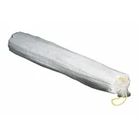 This spaghetti skimmer is designed for spill containment and absorption of industrial fluids. It features a white polypropylene filler and outer skin, with a rope connector for easy deployment and retrieval. Each pack contains six skimmers, each 5 inches in diameter and 30 inches long, with a total capacity of 9 gallons