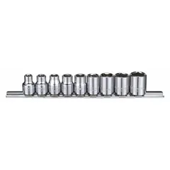 This 9-piece SAE socket set includes 6-point standard sockets ranging from 1/4 in to 5/8 in with a 3/8 in drive. The set is tether ready for drop prevention. Suitable for tightening and loosening hex fasteners in automotive repair, machinery maintenance, and general industrial assembly.