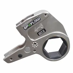Steel low-clearance hydraulic torque wrench cassette with hex drive and low-clearance links. Delivers maximum torque of 5,386 N-m (3,975 lb-ft) and accommodates fastener sizes up to 65 mm. Used for tightening and loosening bolts in confined spaces.