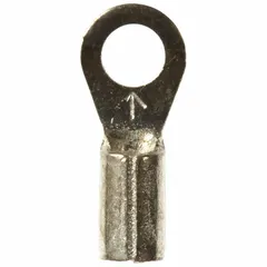 Non-insulated ring terminal for #6 stud size, accepting 16 AWG to 14 AWG wire. Rated for 1,000 V with brazed barrel and seam construction. Used for terminating wires in electrical panels, power distribution, and equipment connections.
