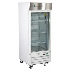 This upright lab refrigerator provides a temperature range of 1°C to 10°C for general purpose storage of temperature-sensitive materials. It features a white swing glass door that opens to the right, uses R-290 refrigerant, and includes a temperature alarm. With an overall depth of 29 3/4 inches, it is suitable for preserving reagents, media, and biological samples in laboratory settings.
