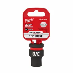 This 1/2" drive impact socket features a 3/8" SAE hex size with a 6-point configuration and friction retention. Designed for use with impact tools in high-torque fastening and loosening applications, it is suitable for industrial maintenance, automotive repair, and assembly tasks.