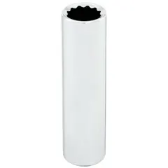 This 3/8" drive hand socket features an 11/16" SAE size with a 12-point deep configuration. Constructed from chrome, it is suited for tightening or loosening hex fasteners in automotive, machinery, and general assembly applications.