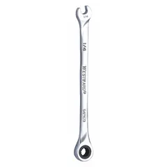 This SAE 12-point ratcheting combination wrench is constructed from alloy steel with a chrome finish. It features a 1/4-inch head size and a 5 1/4-inch overall length. Suitable for tightening or loosening fasteners in confined spaces during general maintenance and assembly tasks.