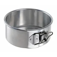 Uncoated aluminum springform cake pan with a 6 1/2 in diameter and closed bead rim. Solid base with silver finish. Suitable for baking cheesecakes, layered cakes, and other desserts that require easy removal from the pan