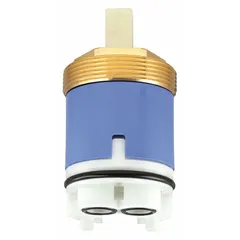 Ceramic disc cartridge for Moen Commercial series faucets. Controls hot and cold water flow. Constructed of ceramic material. Suitable for commercial kitchen, restroom, and industrial applications requiring reliable water temperature regulation.