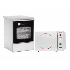 This bundle includes the 3870ELP autoclave and 165UC glassware washer. The autoclave operates at 220-240V with a maximum temperature of 140°C and temperature accuracy of -1°C/3°C. Overall dimensions are 28 1/4 in width and 37 in depth. Suitable for sterilizing laboratory glassware, media, and instruments using high-pressure steam.