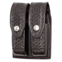 Black leather magazine pouch with basket weave finish and snap closure. Designed for carrying spare magazines in duty equipment applications.
