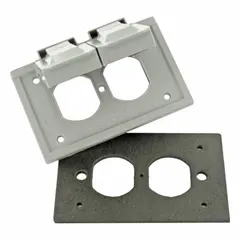 Gray polycarbonate weatherproof coverplate for duplex receptacles. 1-gang, 4 9/16 in overall height, horizontal mounting orientation. Suitable for protecting receptacles in outdoor or damp locations.