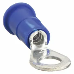 Vinyl insulated ring terminal for #8 stud size, accepting 16 AWG to 14 AWG wire. Rated 600 V. Used for secure electrical connections in control panels, machinery, and power distribution systems.