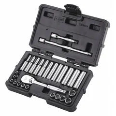 This 27-piece metric socket set includes 1/4-inch drive tools and 12-point sockets ranging from 3.5 mm to 12 mm. Suitable for general industrial fastening tasks such as assembly, maintenance, and repair work in manufacturing and plant environments.