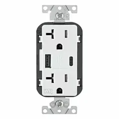 White decorator duplex receptacle rated 125V AC, 20A with 5-20R configuration. Includes integrated USB Type A and C charging ports. Weather-resistant construction suitable for outdoor and indoor locations requiring simultaneous AC power and device charging.