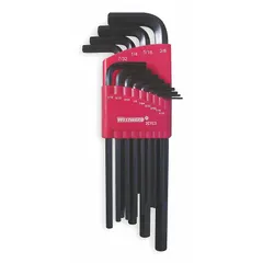 This 13-piece L-shaped hex key set includes SAE sizes with standard ends and long arms for accessing recessed fasteners. The black oxide finish provides corrosion resistance. Keys are stored in an organizer for convenient handling in maintenance, assembly, and repair tasks.