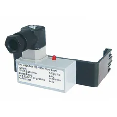 Paddle-type flow switch for variable area flowmeters, with normally open contacts and adjustable set point. Rated 0.5 A @ 125V AC and 1 A @ 30V DC. Media temperature range 32°F to 158°F. NPT connections. Used to detect flow or no-flow conditions in industrial fluid systems.