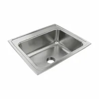 This one-bowl counter-mounted sink is designed for kitchen and bar installations requiring a drop-in fit. It has an overall width of 19-1/2 inches and a bowl depth of 7-5/8 inches. The sink is supplied without a faucet and is finished in Silver/Gray